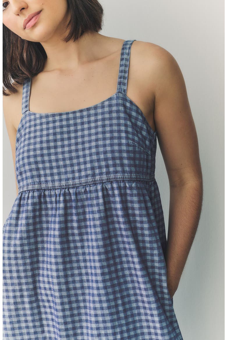 Gingham Sleeveless Denim Midi Dress, Alternate, color, BLUE