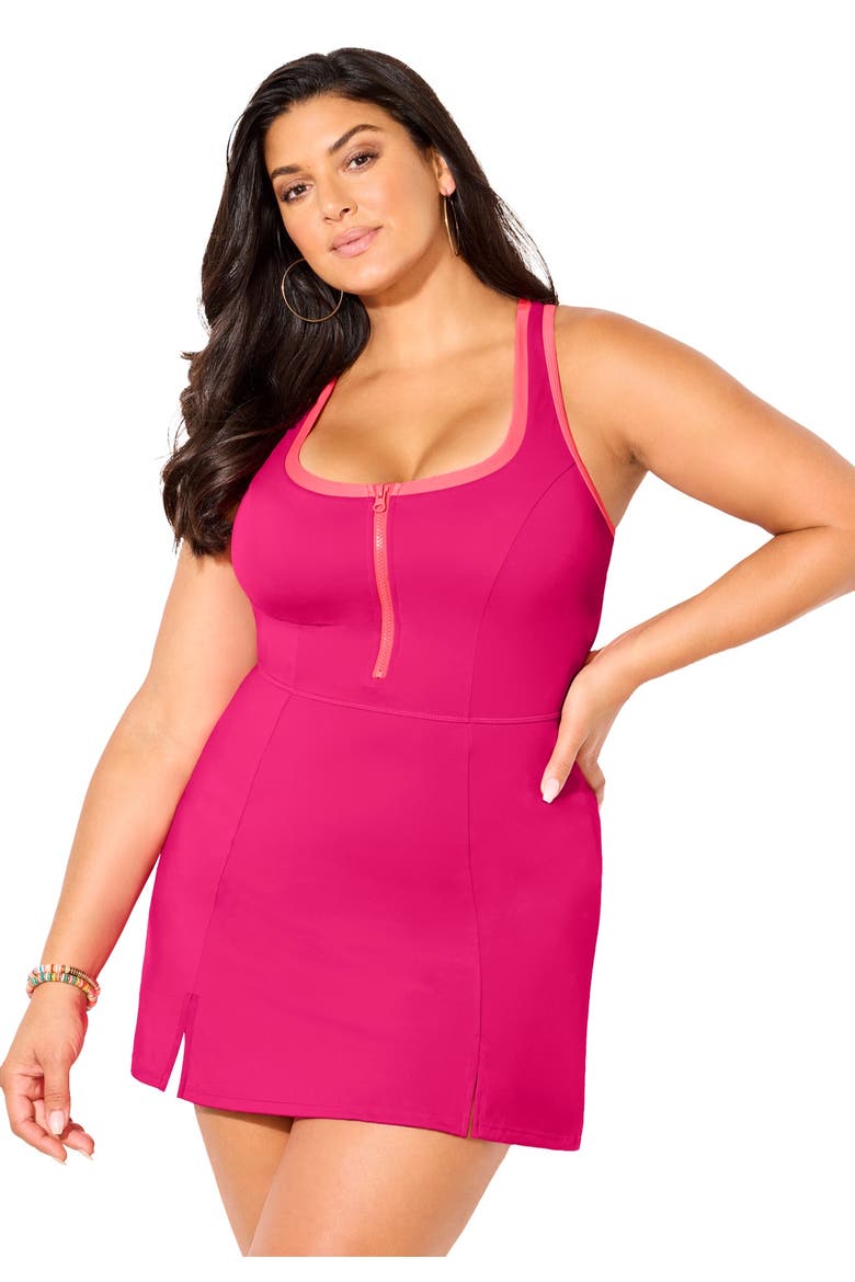 Zip Front Contrast Trim Swimdress, Main, color, Rose