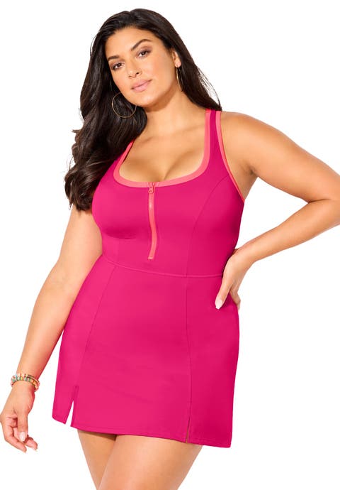 Zip-Front Contrast Trim Swimdress