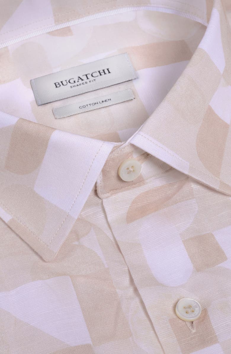 Bugatchi Julian Shaped Fit Abstract Geometric Print Cotton & Linen Button-Up Shirt, Alternate, color, Desert