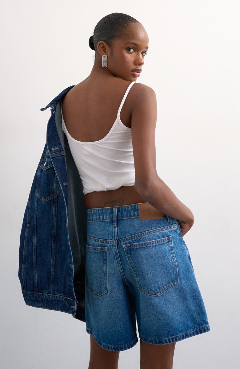 Topshop Editor Mid Rise Cotton Denim Shorts, Alternate, color, Blue