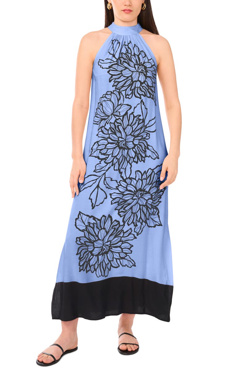 Vince Camuto Placed Floral Challis Maxi Dress, Main, color, Serene Sky