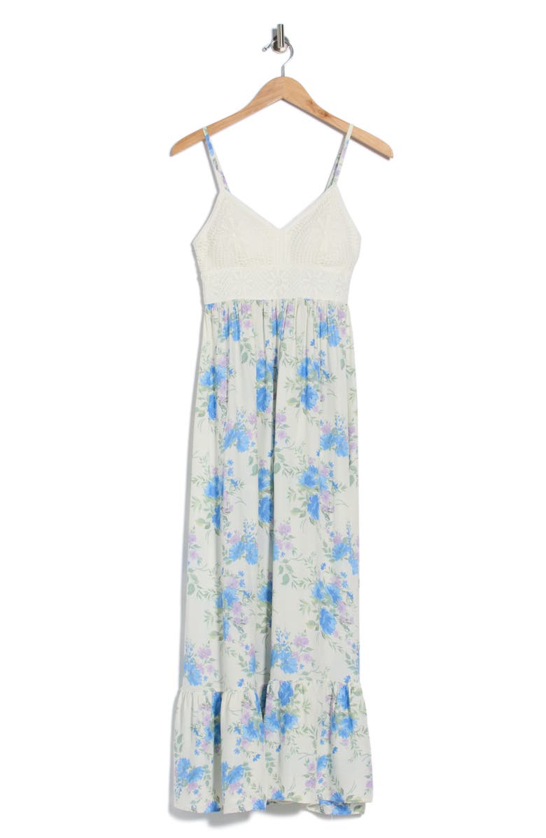 Madden Girl Lace Bodice Empire Waist Tiered Maxi Dress, Main, color, Egret Blue