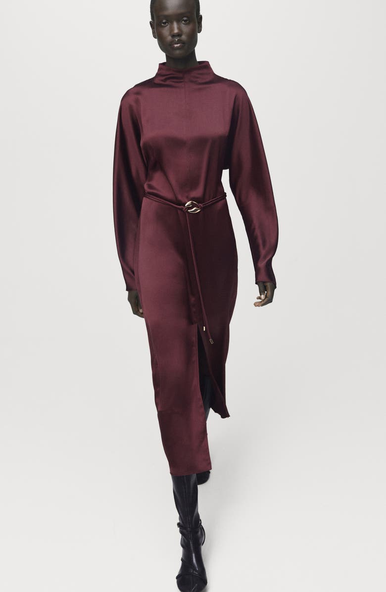 MANGO Long Sleeve Satin Midi Dress, Alternate, color, Maroon