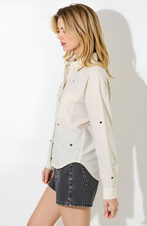 Modenaire Striped Button-up Shirt With Embroidered Hearts And Chest Pocket Detail In Neutral