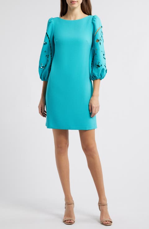 Eyelet Sleeve Crepe Shift Dress