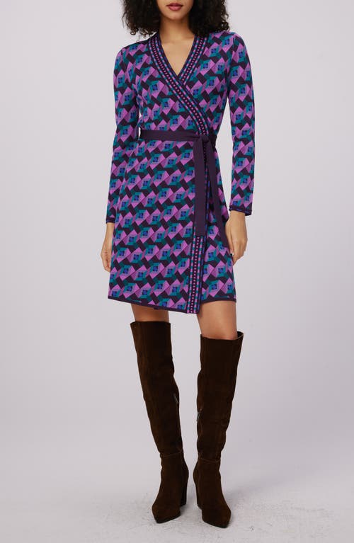 DVF Edwina Geo Print Long Sleeve Wrap Dress in Stage Boss Pink 