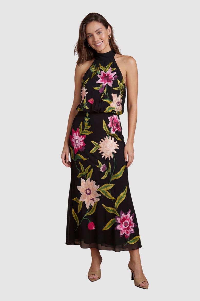 Floral Halter Neck Maxi Dress, Main, color, Black
