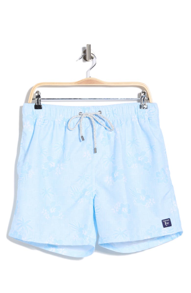 Vintage Summer Tropical Palm Volley Swim Trunks, Main, color, Blue