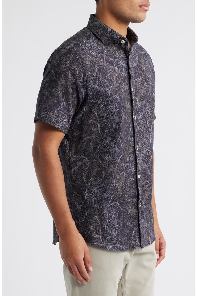Jungle Monstera Palm Leaf Print Short Sleeve Stretch Cotton Blend Button-Up Shirt, Alternate, color, BLACK