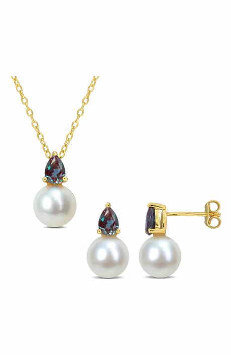 DELMAR Alexandrite & Freshwater Pearl Stud Earrings & Pendant Necklace Set