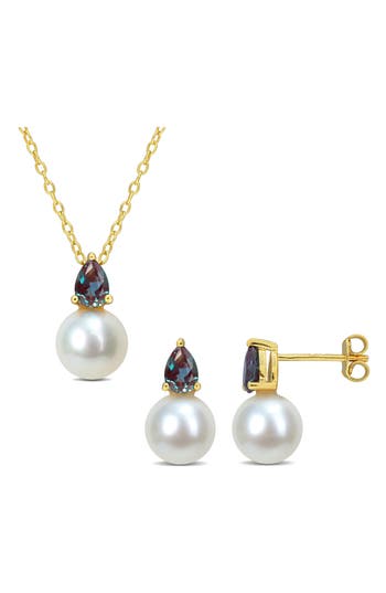 Delmar Alexandrite & Freshwater Pearl Stud Earrings & Pendant Necklace Set In Gold