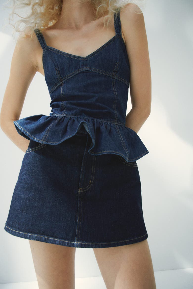 Denim Peplum Top, Alternate, color, Dark denim blue