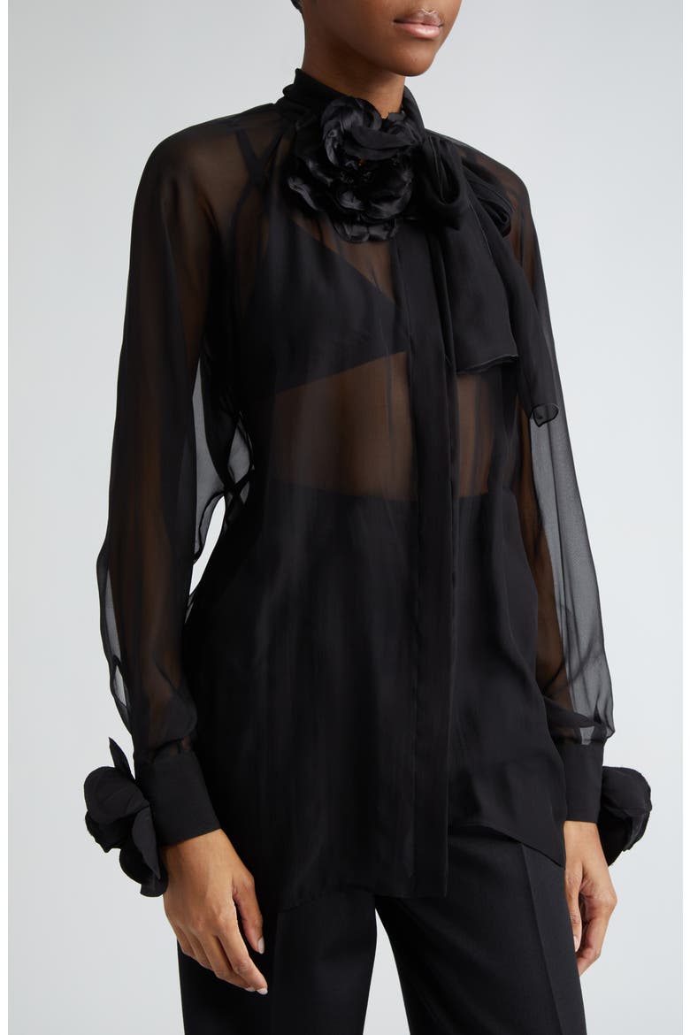 Floral Appliqué Tie Neck Sheer Silk Shirt, Alternate, color, NERO