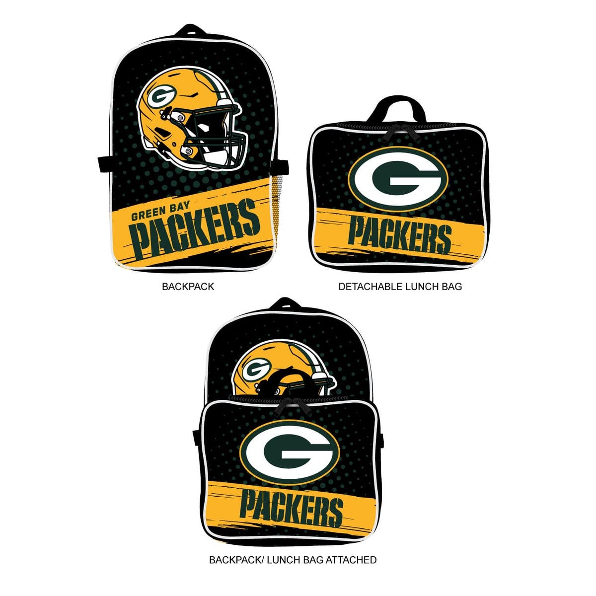Green Bay Packers Backpack & Lunch Box 2-Piece Set, Main, color, Black