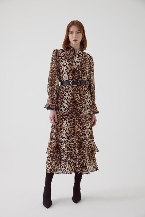 Leopard Print Pocketed Relaxed Midi Dress