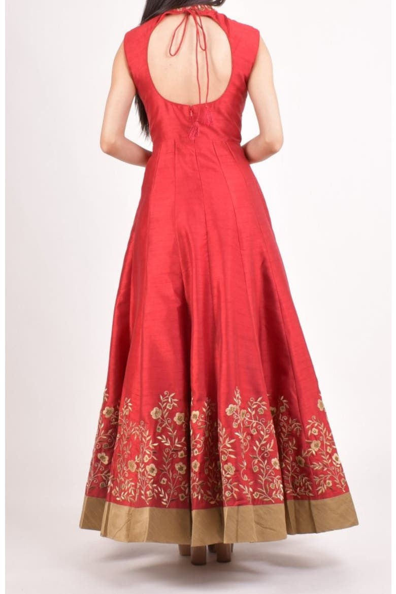 Embroidered Silk High Neck Gown, Alternate, color, Red