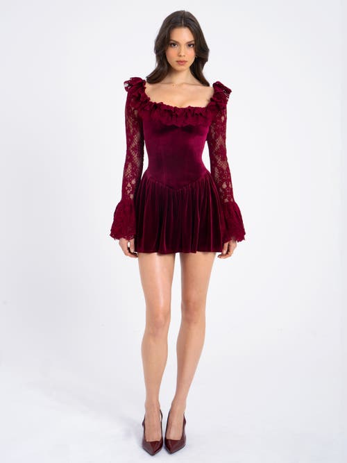 Miss Circle Women Yachira Burgundy Velvet Lace Flare Sleeve Mini Dress In Red