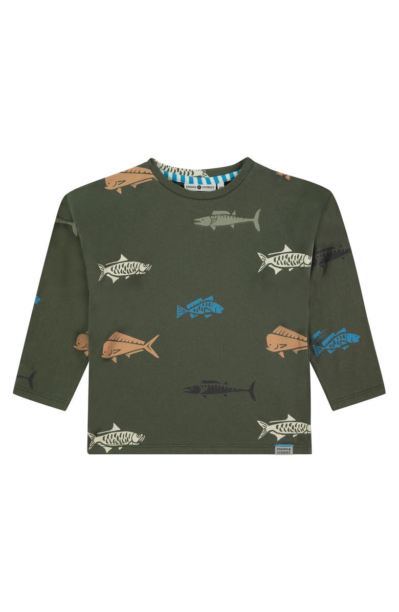 Stains and Stories by Babyface Multicolor Fish Long Sleeve T-Shirt, Main, color, Dark Army
