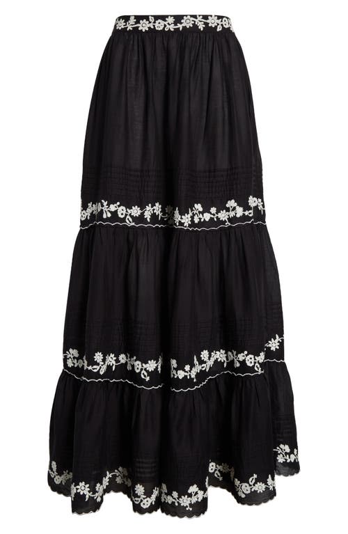 Farm Rio Black Embroidered Ruffled Maxi Skirt Black In Black
