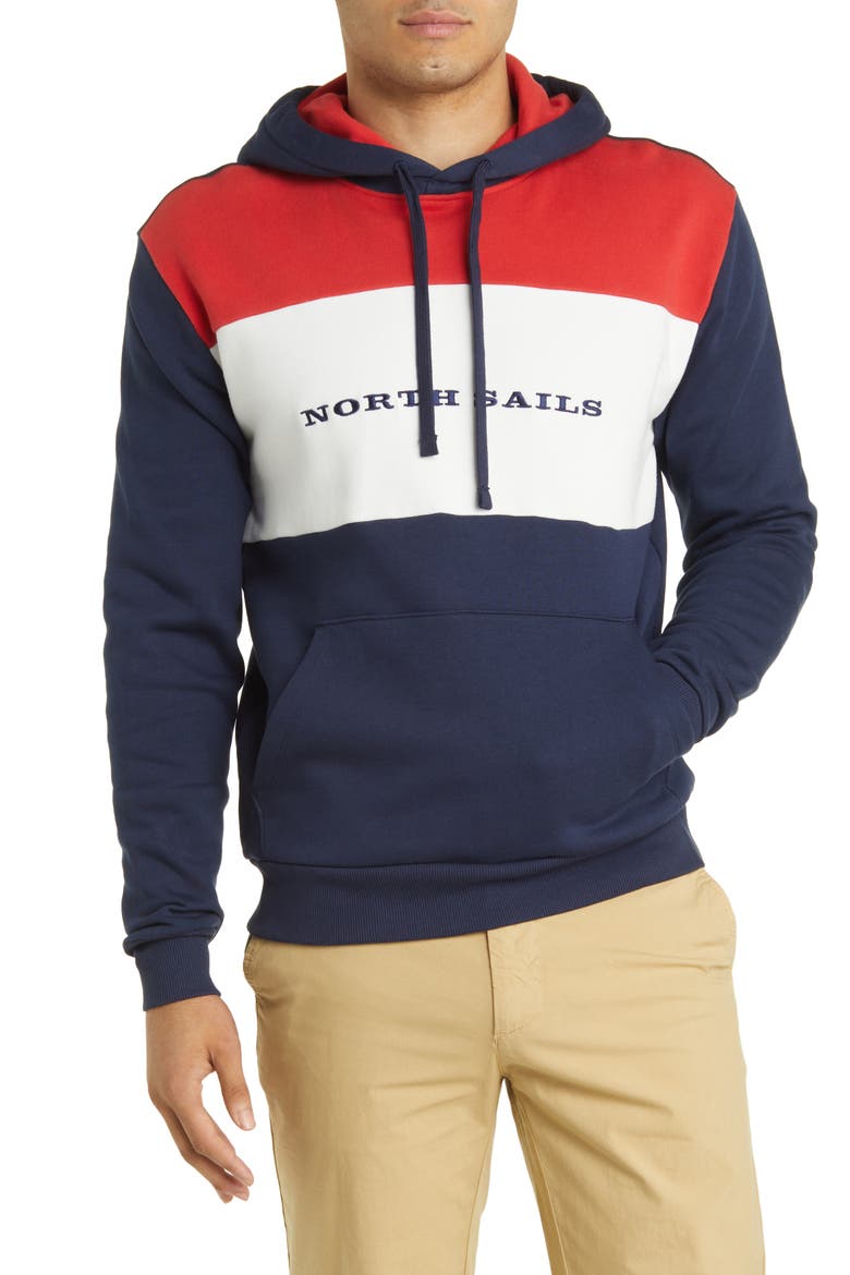 Colorblock Cotton Graphic Hoodie, Main, color, RED/ NAVY/ WHITE