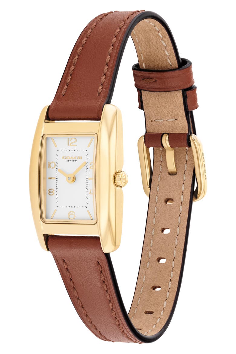 Saddle Rectangular Leather Strap Watch, 20mm x 30mm, Alternate, color, GOLD/SILVER WHITE FACE