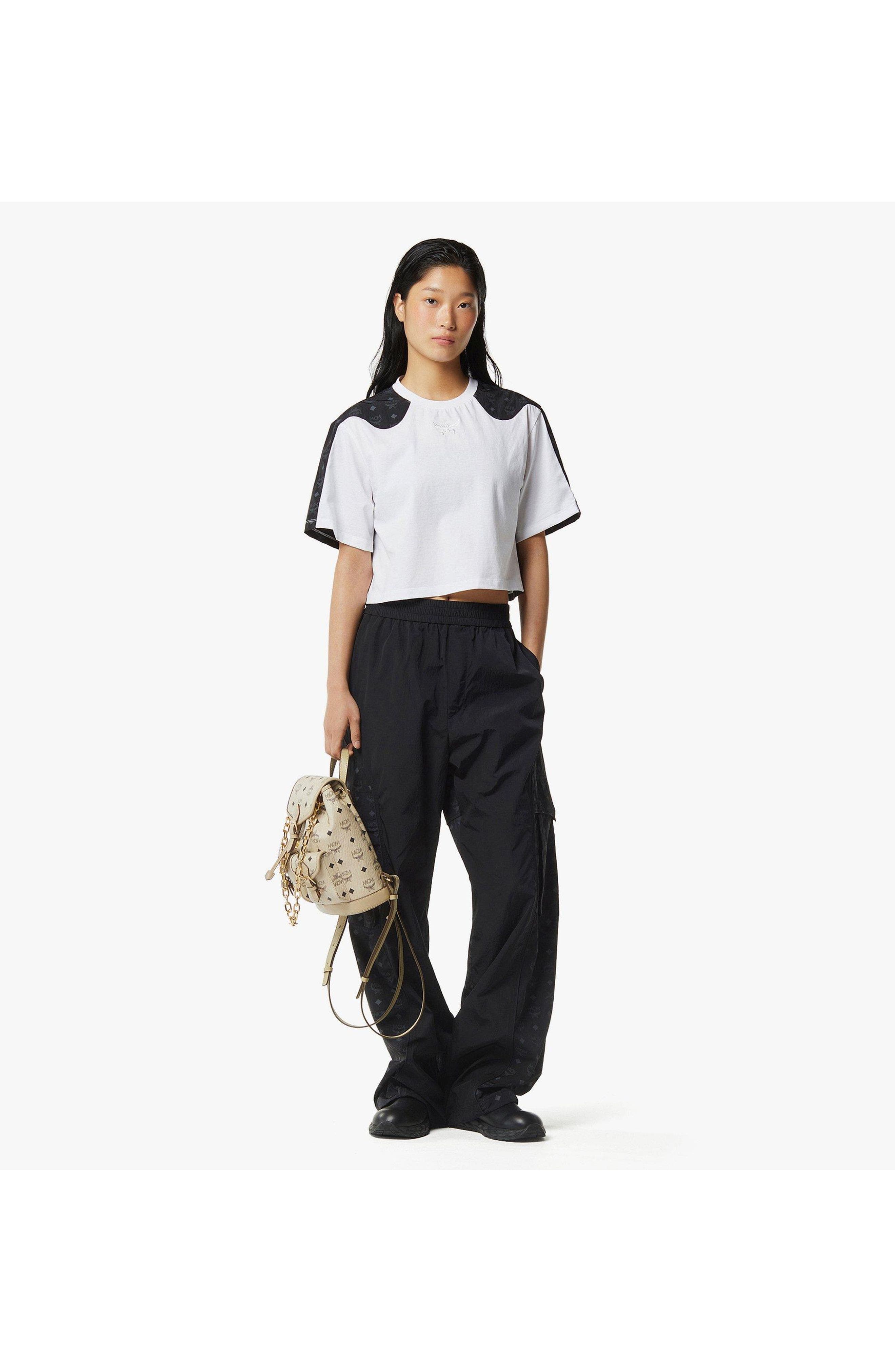 MCM Mini Aren Drawstring Backpack in Visetos, Alternate, color, Beige+Black Logo
