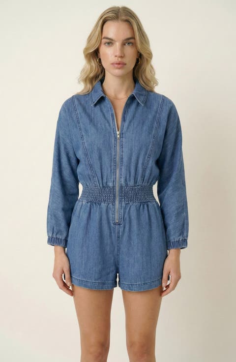 Zip Front Romper with Smocked Waist and 3/4 Sleeves