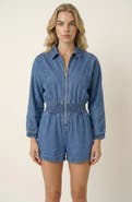 Modenaire Zip Front Romper with Smocked Waist and 3/4 Sleeves