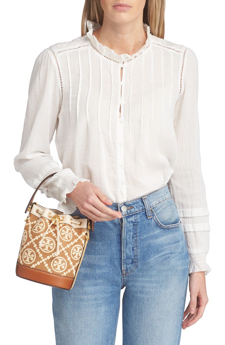 Tory Burch Mini T Monogram Embroidered Raffia Bucket Bag, Alternate, color,