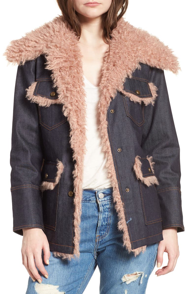 Avec Les Filles Denim & Faux Shearling Trucker Jacket, Main, color, 