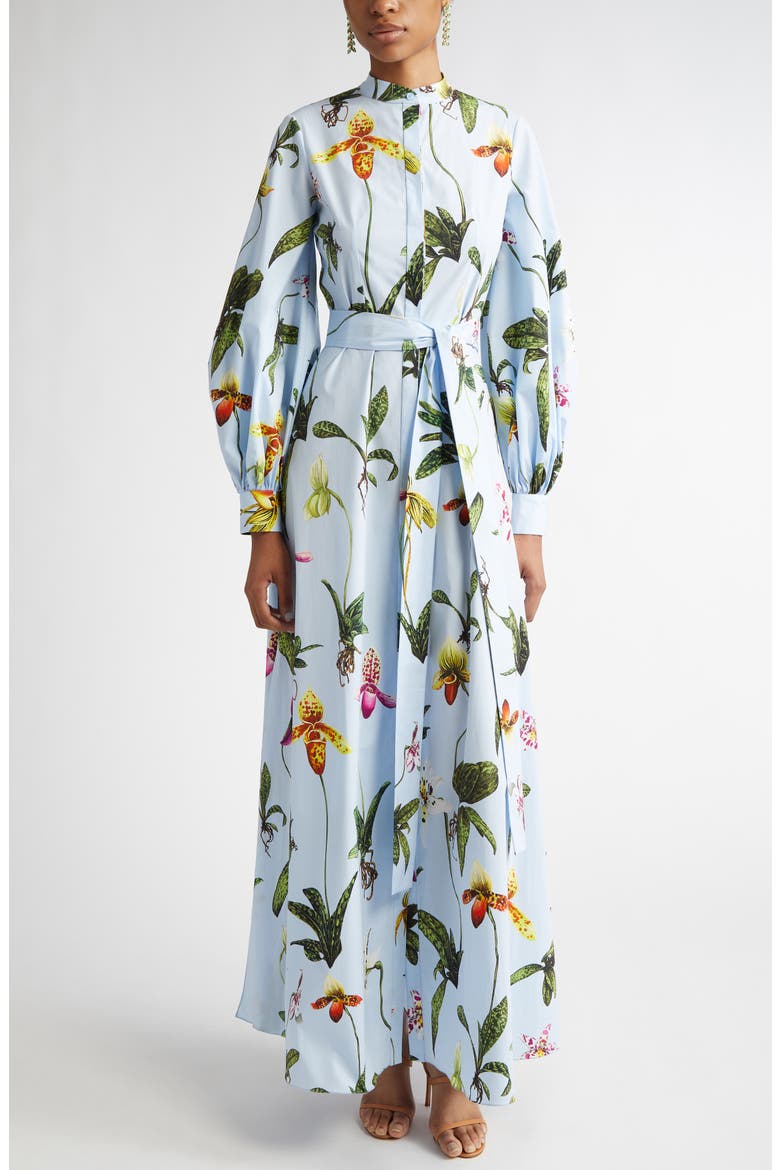 Orchid Print Long Sleeve Shirtdress, Main, color, LIGHT BLUE MULTI