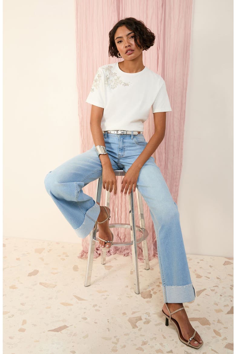 Embellished Shoulder Cotton T-Shirt, Alternate, color, CREAM