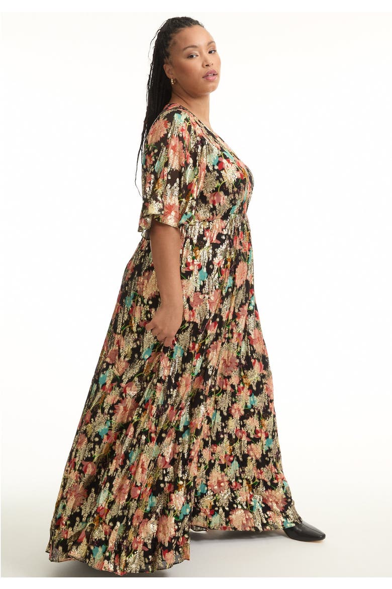 Metallic Printed Maxi Dress, Alternate, color, BLACK TEXTURED WALLFLOWER