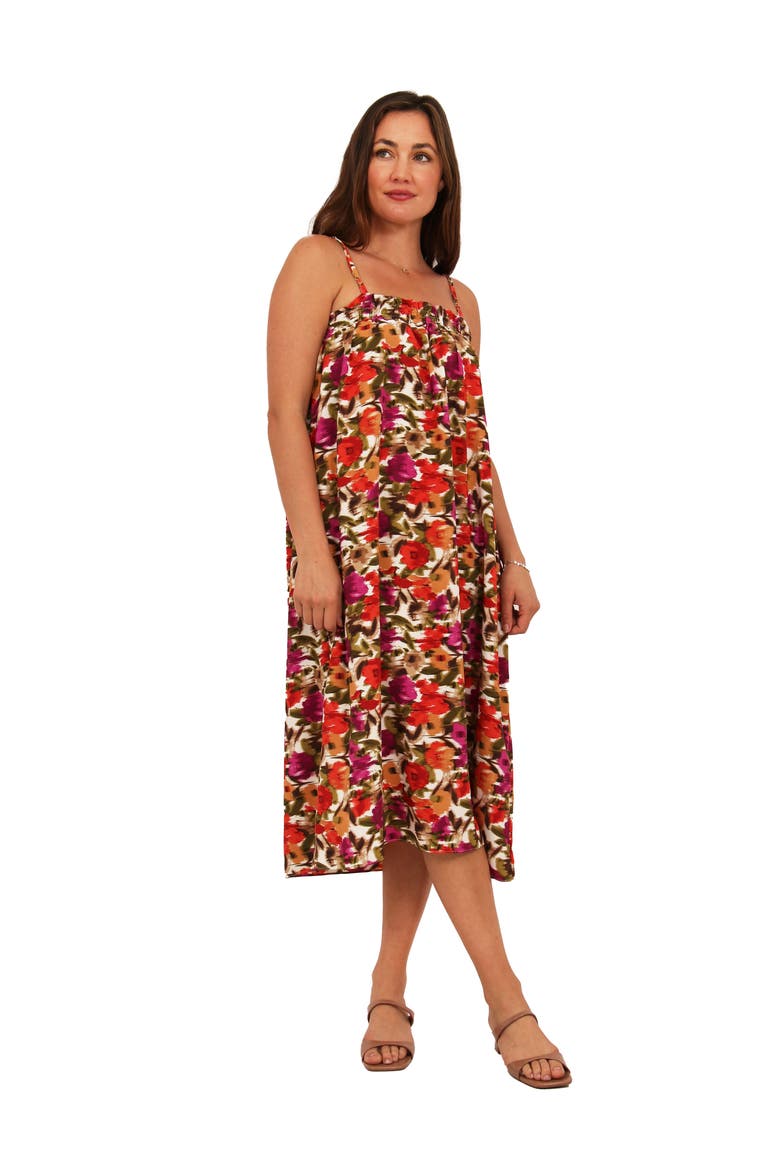 Womens Essential Abstract Print Spaghetti Strap Smocked Pocket A-Line Maxi Dress, Main, color, Red Multi