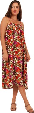 24seven Comfort Apparel Womens Essential Abstract Print Spaghetti Strap Smocked Pocket A-Line Maxi Dress