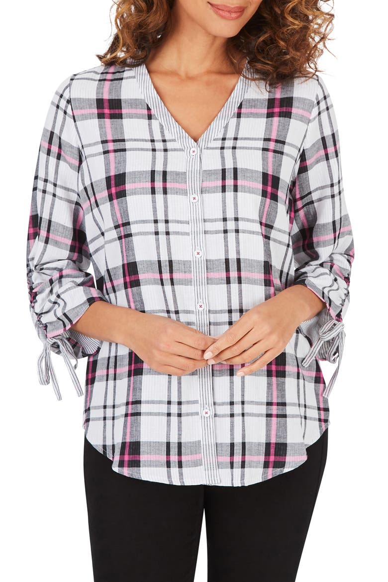 Marlin Plaid Ruched Sleeve Cotton Button-Up Blouse, Main, color, PLAID MULTI
