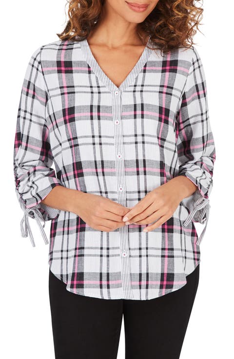 Marlin Plaid Ruched Sleeve Cotton Button-Up Blouse