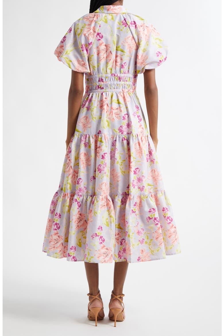Maggio Midnight Tulips Tiered Midi Dress, Alternate, color, PALE LAVENDER MULTI