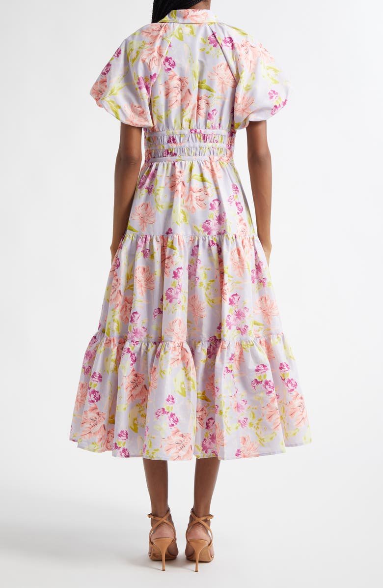 Cinq à Sept Maggio Midnight Tulips Tiered Midi Dress, Alternate, color, Pale Lavender Multi