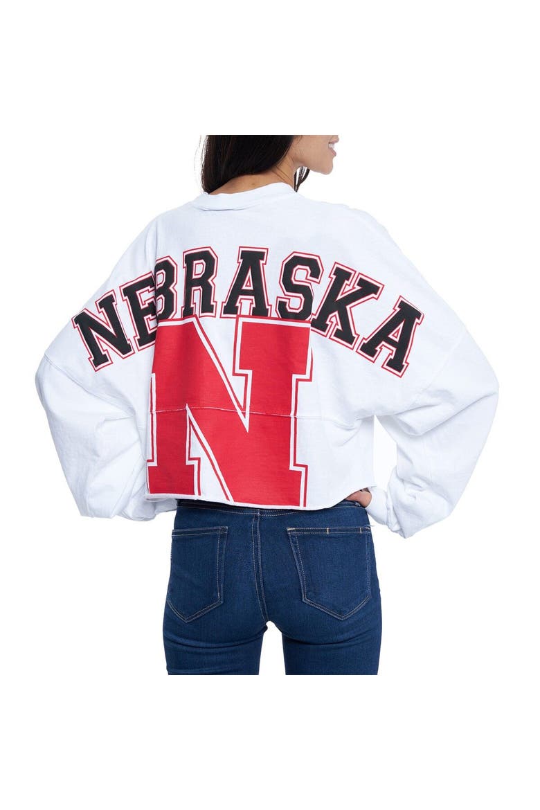 Women's White Nebraska Huskers Raw Hem Cropped Spirit Jersey Long Sleeve T-Shirt, Alternate, color, White