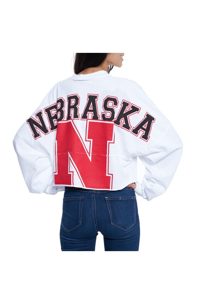 SPIRIT JERSEY Women's White Nebraska Huskers Raw Hem Cropped Spirit Jersey Long Sleeve T-Shirt, Alternate, color, 