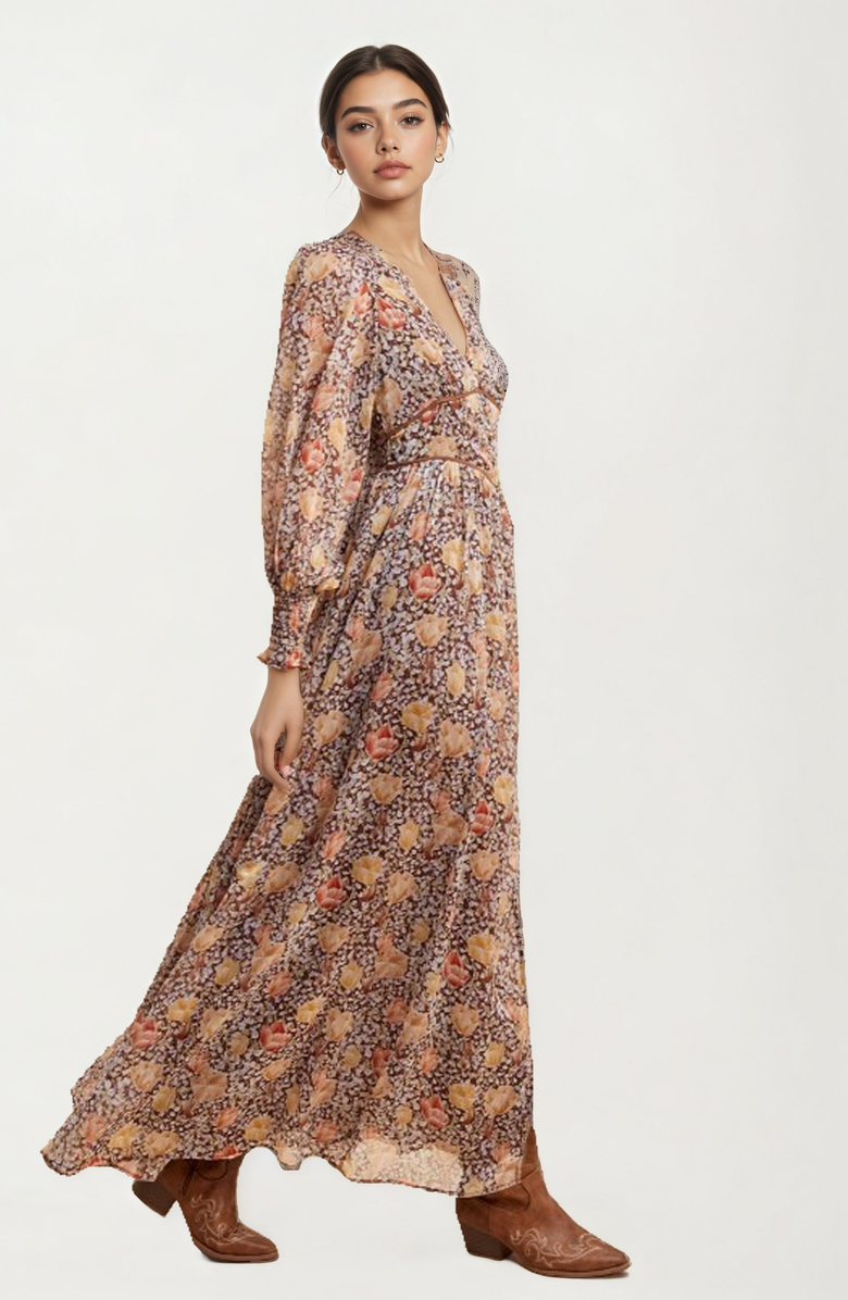 Knit and Lounge Floral Chiffon Smocked Sleeve Flowing Skirt Maxi Dress, Alternate, color, 