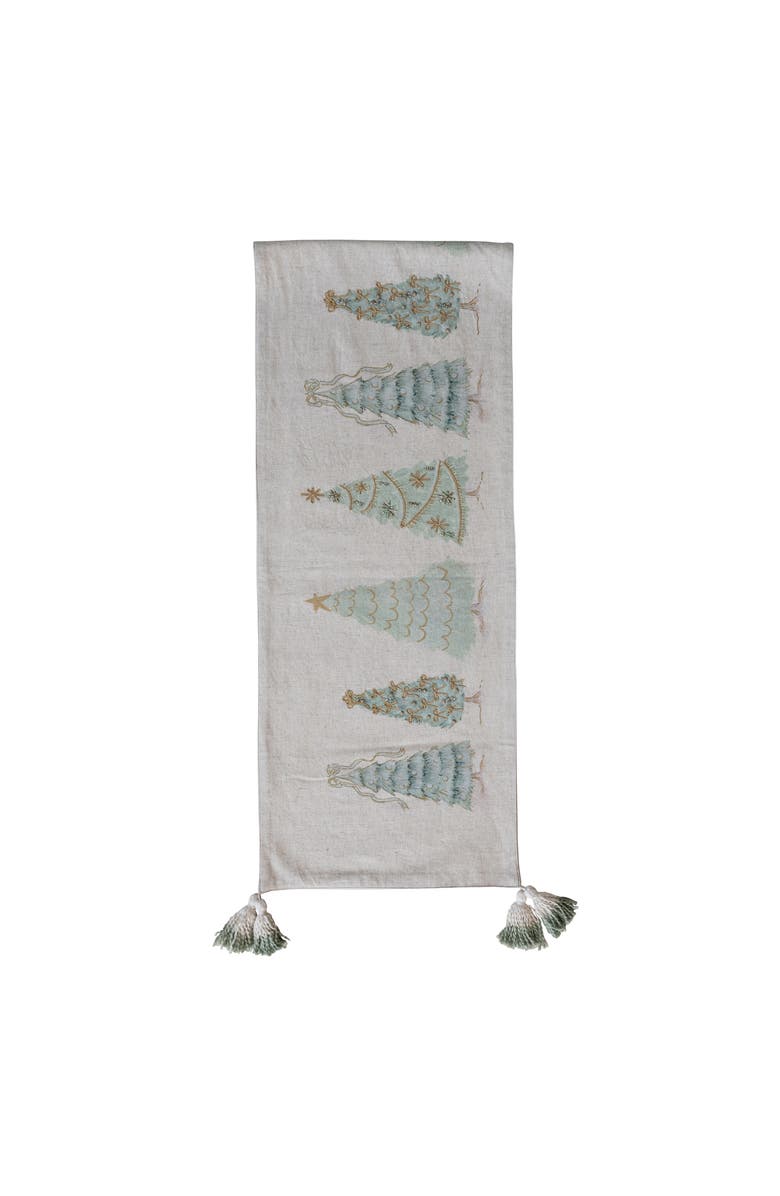 Storied Home Linen Printed Table Runner with Trees, Embroidery, Beads, French Knots, and Tassels, Multicolor, Main, color, 