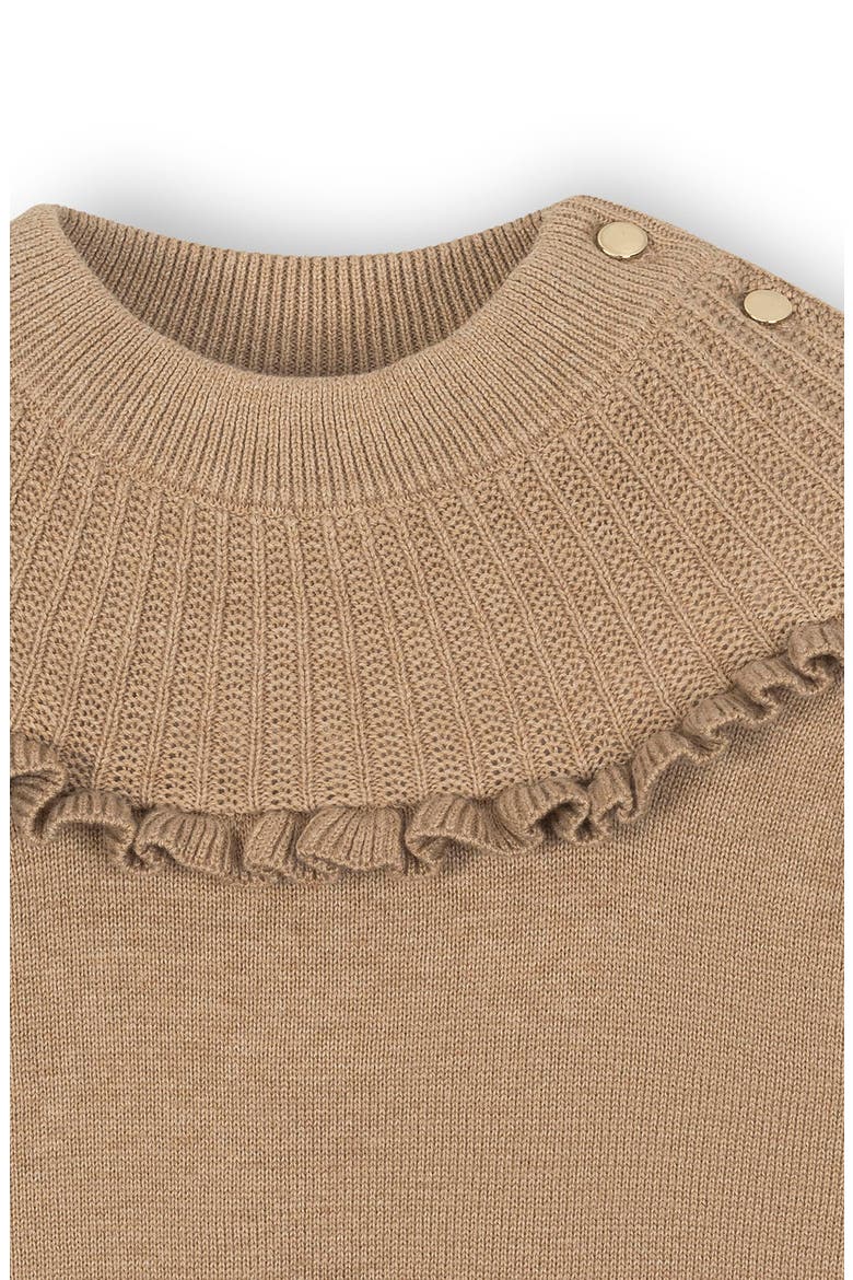 Kids' Organic Long Sleeve Mock Neck Sweater with Ruffle, Alternate, color, Camel Heather