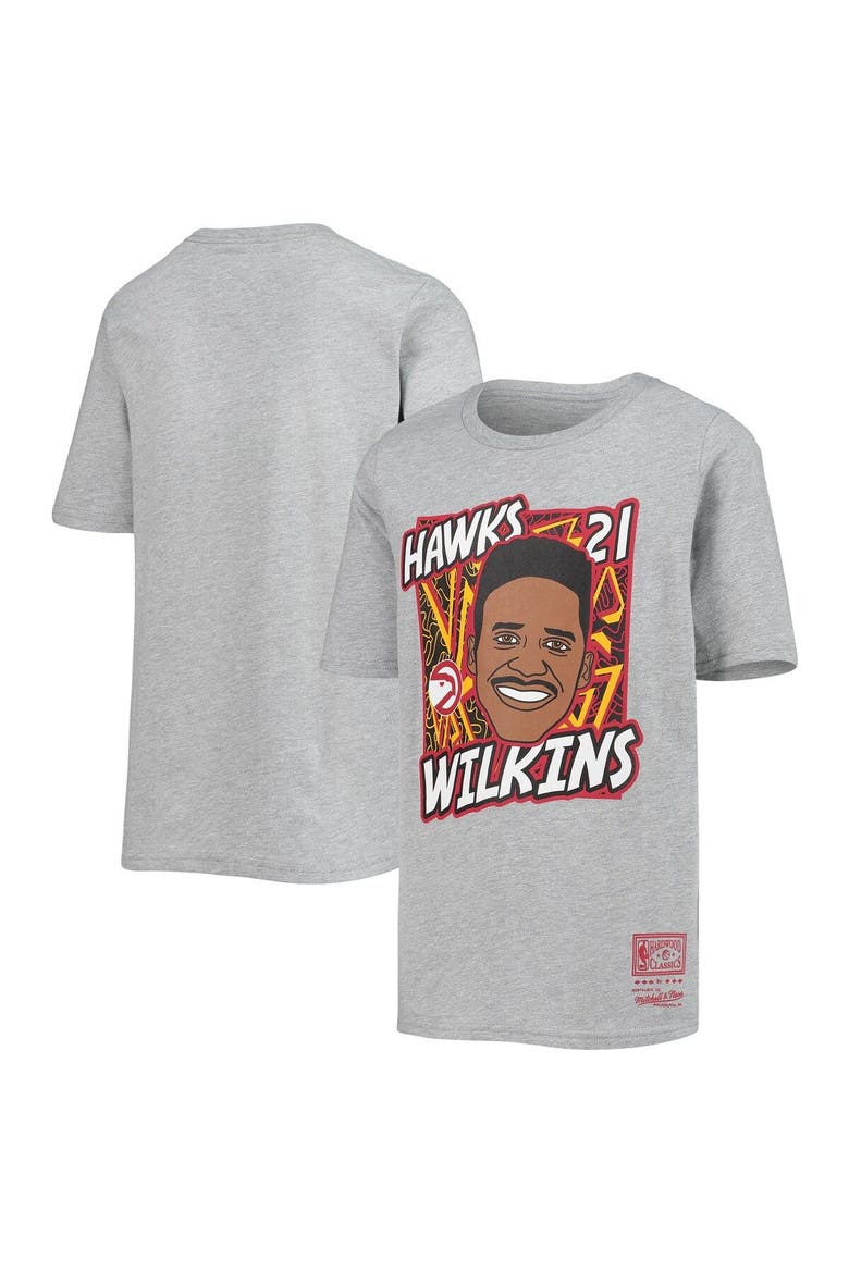 Youth Mitchell & Ness Dominique Wilkins Heathered Gray Atlanta Hawks Hardwood Classics King of the Court Player T-Shirt, Main, color, Heather Gray