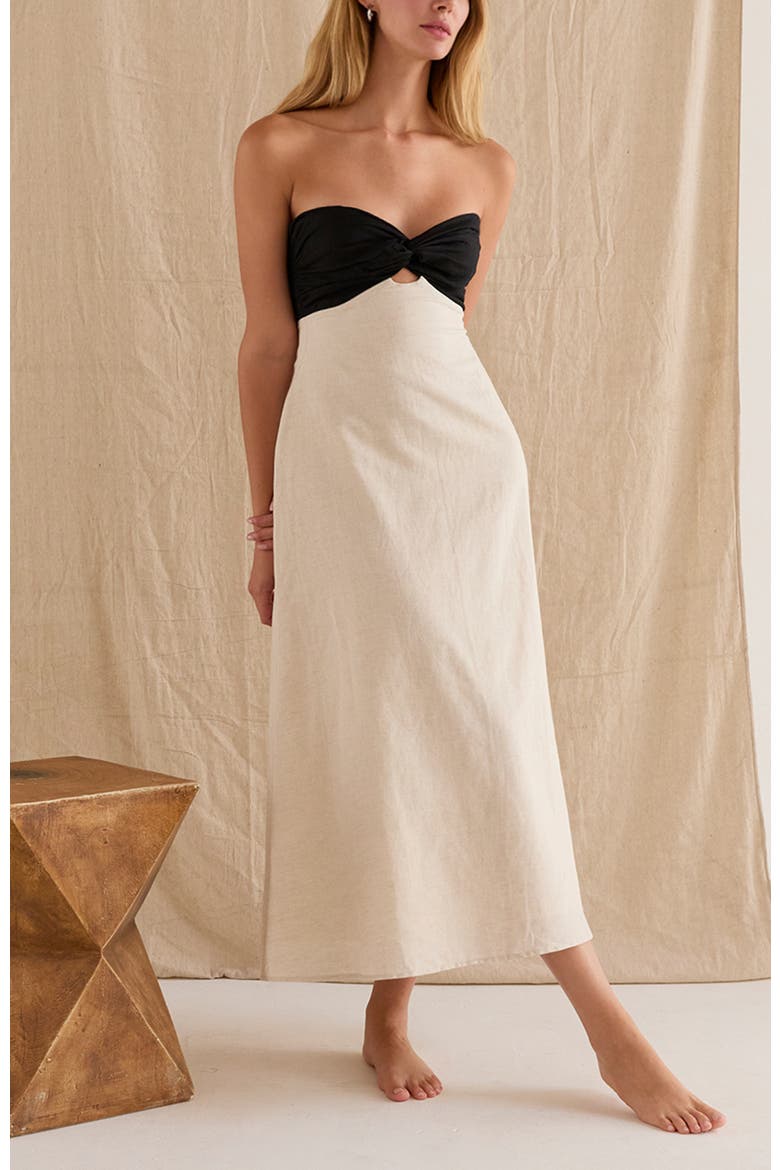 Colorblock Front Twist Linen Midi Dress, Alternate, color, Black/Oatmeal