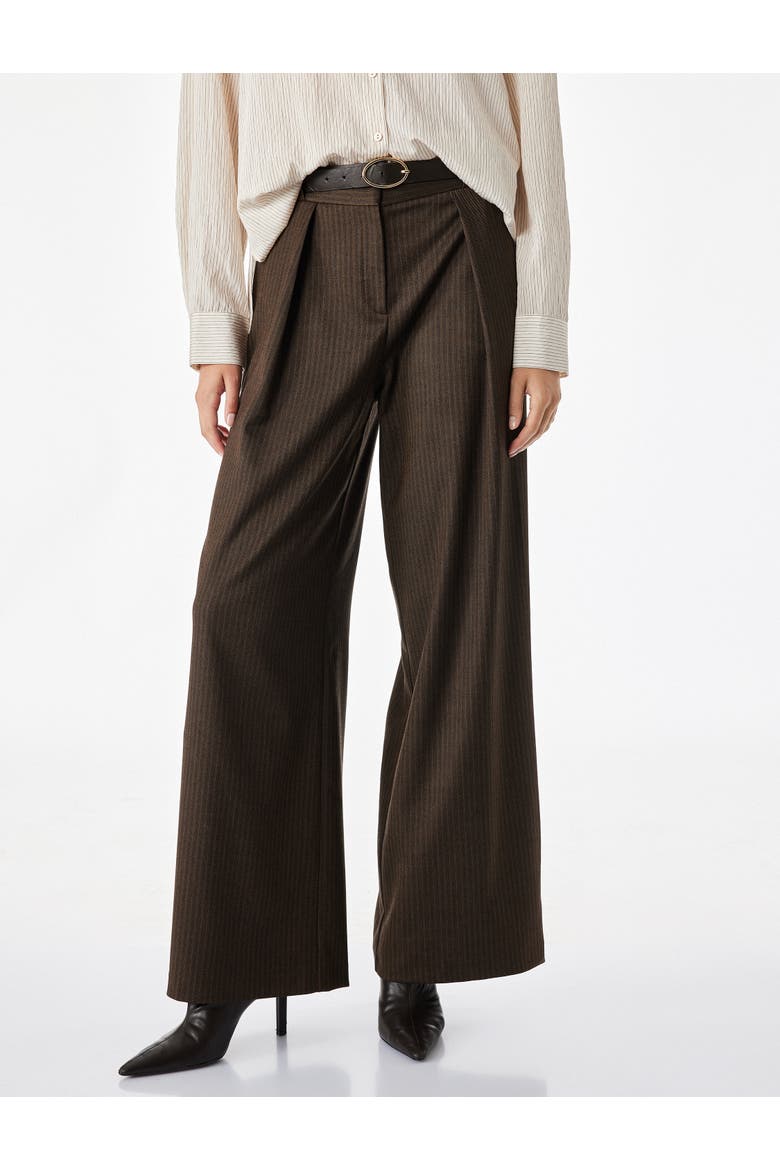High Rise Pleated Wide Leg Tailored Trousers With Belt, Alternate, color, BROWN STRIPE