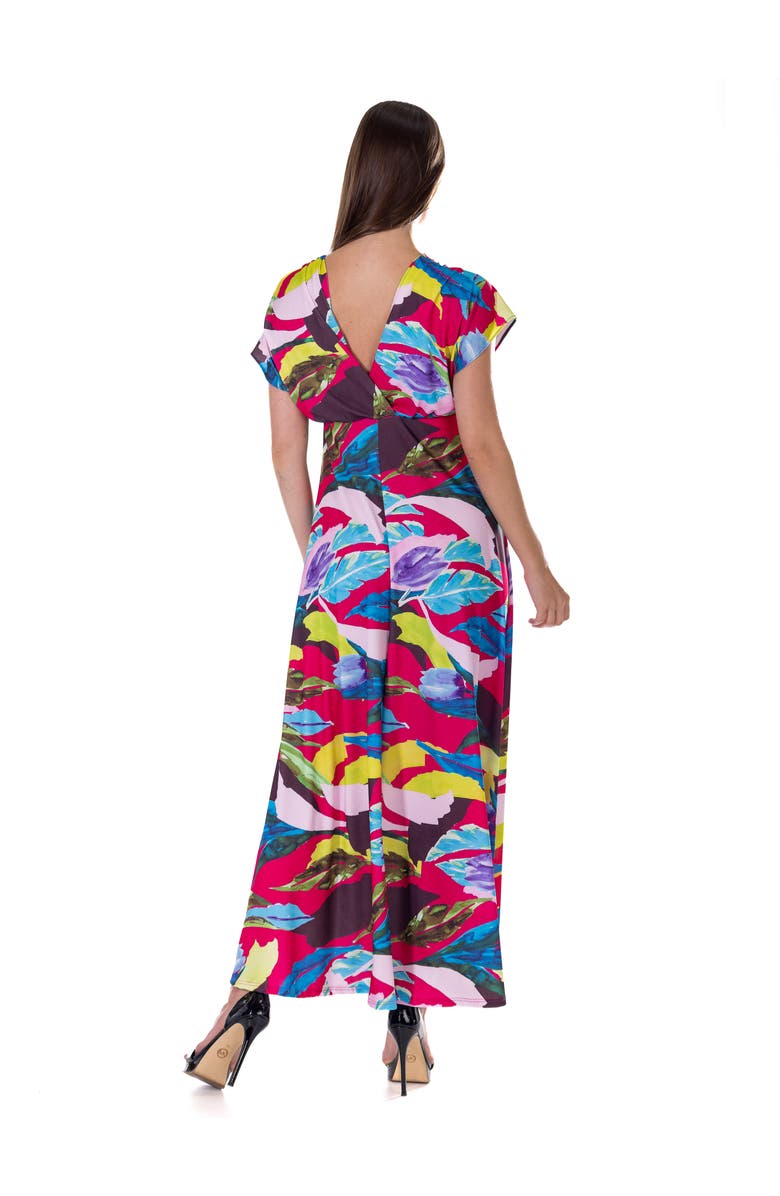 24seven Comfort Apparel Floral Print V-Neck Empire Waist Cap Sleeve Maxi Dress, Alternate, color, Pink Multi