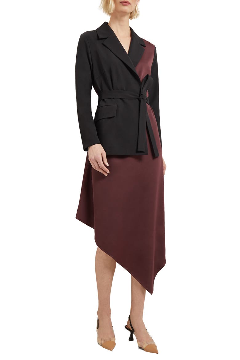 Colorblock Tie Waist Long Sleeve Dress, Main, color, MAHOGANY/ BLACK